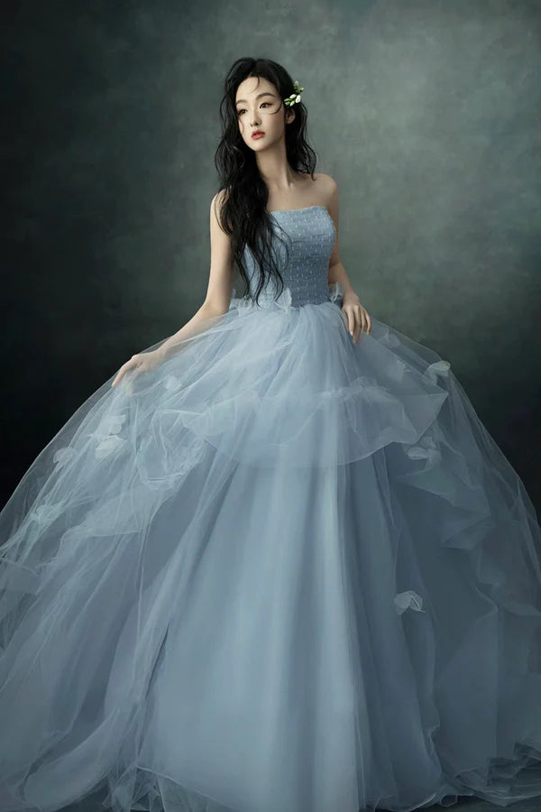 Wholesale Gray Blue Strapless Tulle Long Prom Dress Beautiful A-Line Evening Party Dress
